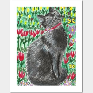 Happy cat in the garden painting Posters and Art